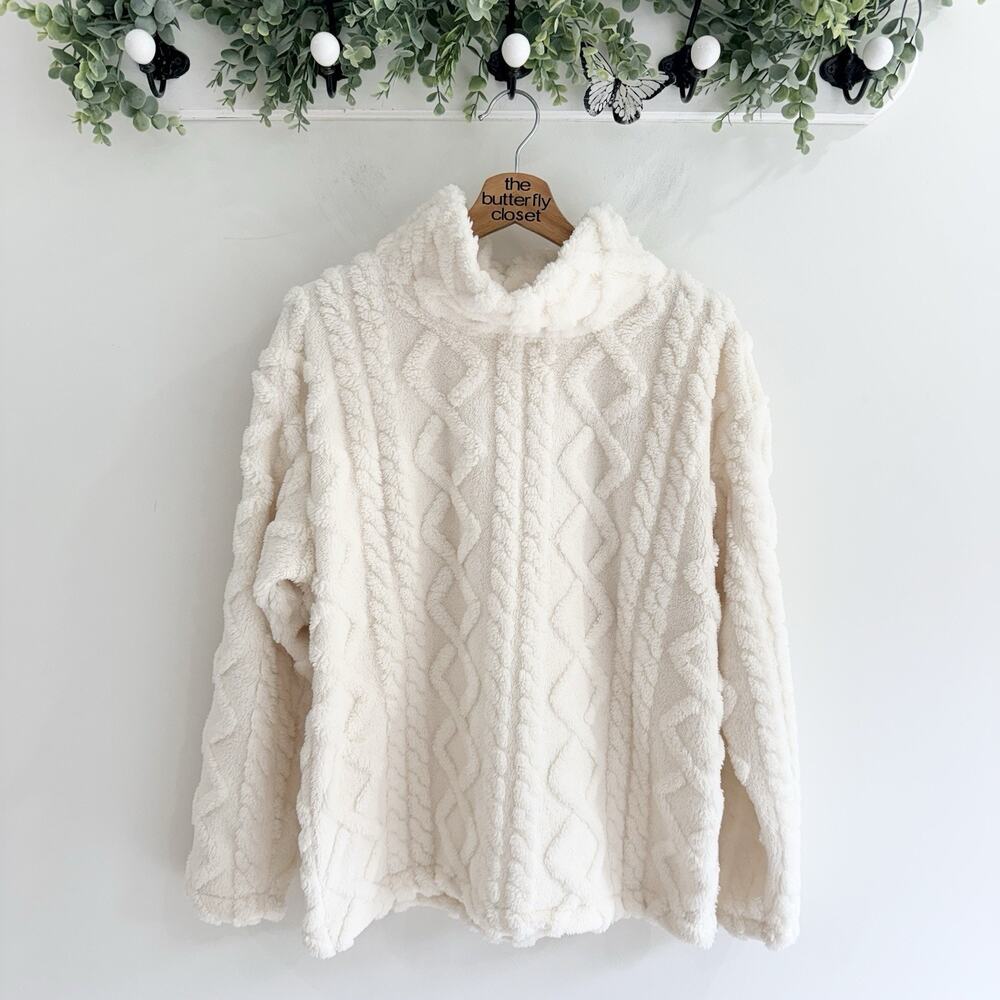 Eddie Bauer Women’s Cable Fleece Pullover Ivory Cowl Neck Size M B5601